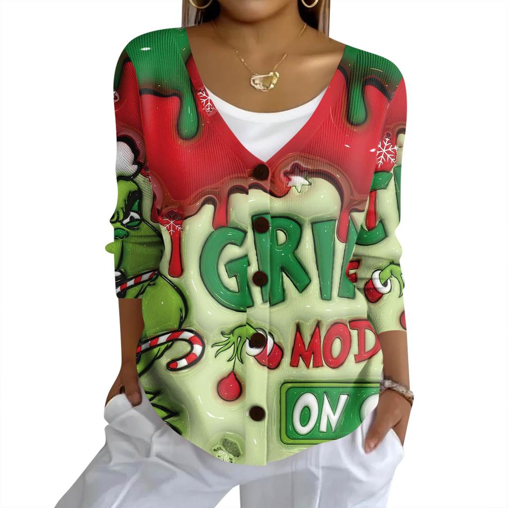 Women's Fashion Casual Knit Sweater Button-Up Christmas Print Cardigan Jacket
