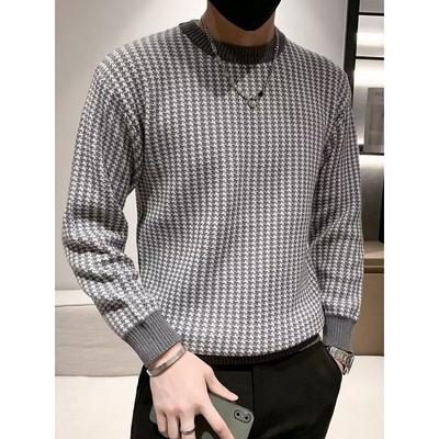 Lässiger langärmeliger Pullover mit Rundhalsausschnitt und Vogelperspektive für Herren, gestrickt, karierter Faden, Slim Tide, Übergröße