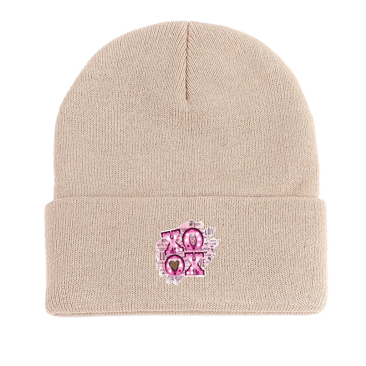 

Вязаная шапка-бини с принтом XOXO , Женская шапка на День святого Валентина, Эластичная, Термальная, Простая, Вязаная шапка-бини as the picture бежевый