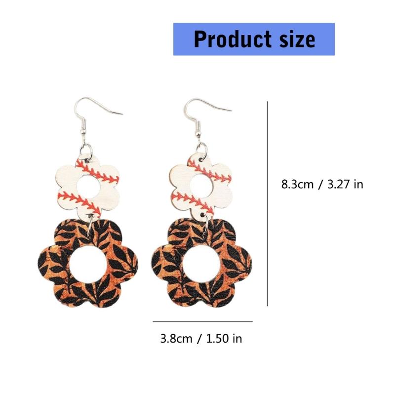 Retro Wood Earrings with Unique Hollow Flower and Cow Pattern Elegant Drop Ear Pendant for Stylish Ladies