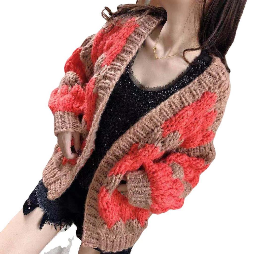 European Color Block Wave Pattern Chunky Knit Lantern Sleeve Cardigan for Autumn/Winter Women.
