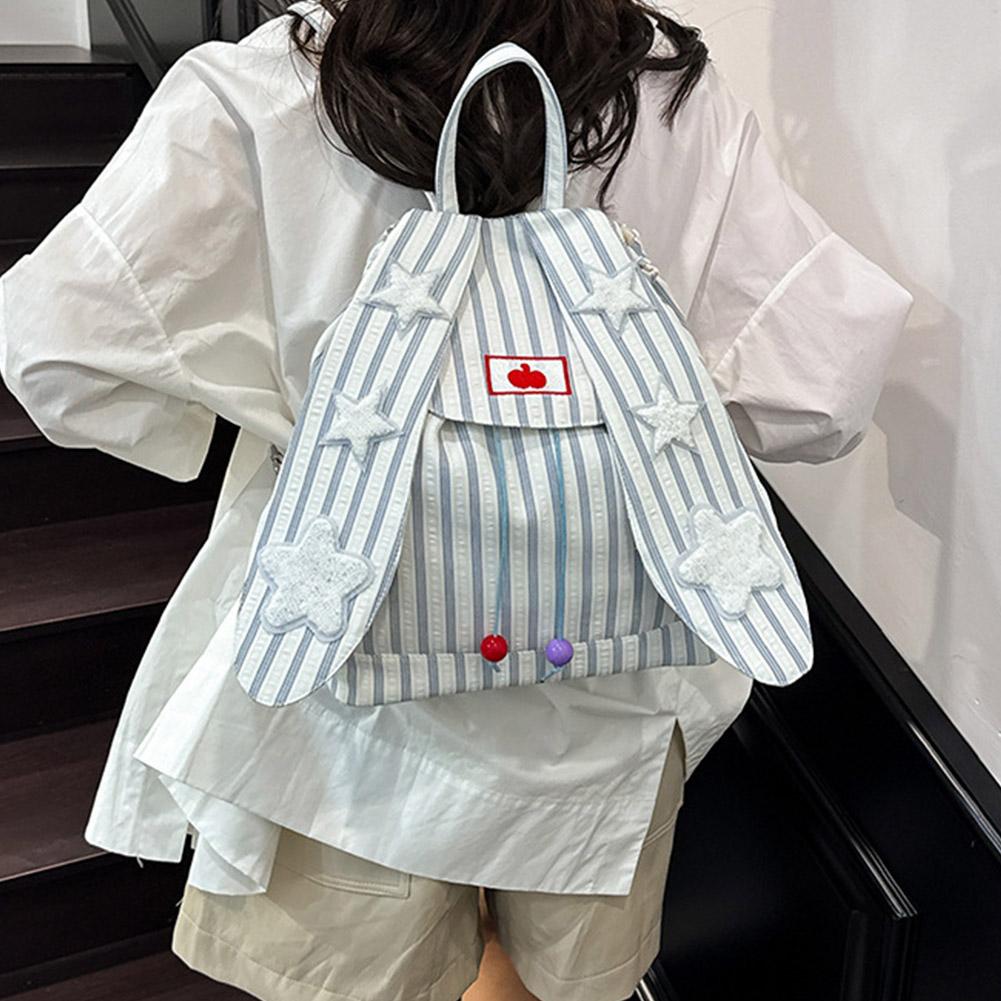 Cute Rabbit ears Backpack Star Patch Stripes Large capacity Cute Schoolbag Korean Casual Commuting Outdoor Schoolbag