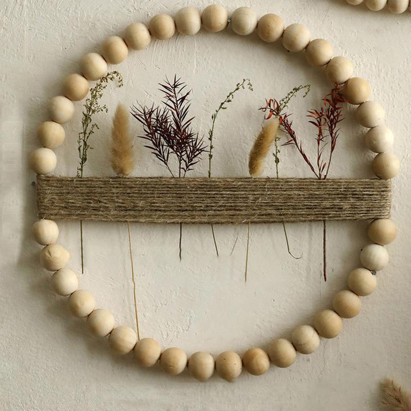 Dřevěný korálkový věnec na dveře Boho Farmhouse Dekor Chic Ozdoba 12,6 x 12,6 palce Dekorativní věnec pro domácí stěnu Dekorace předních dveří