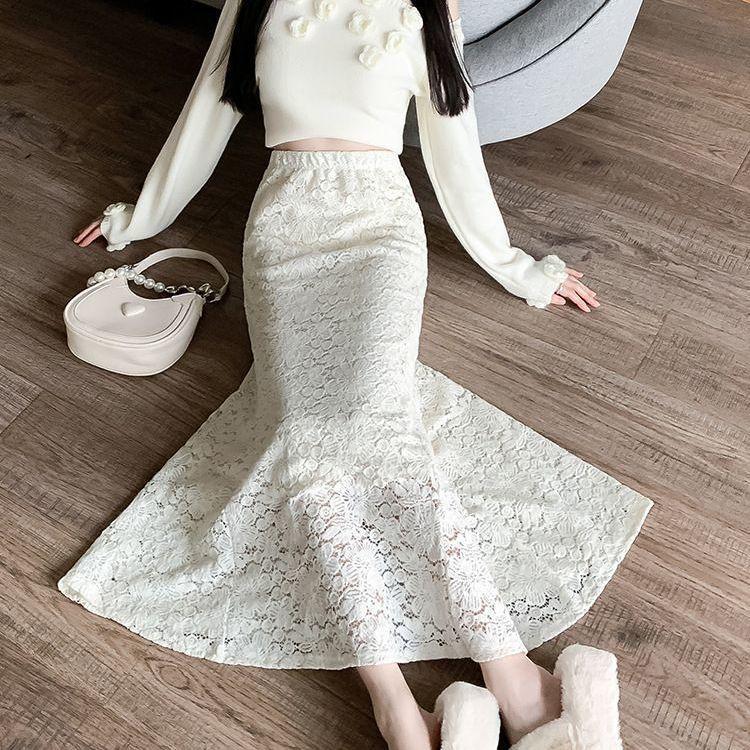Fusta cu coadă de pește din dantelă pentru femei, cu talie înaltă, fustă subțire, cu șold, toamnă, primăvară, elegante, fuste lungi