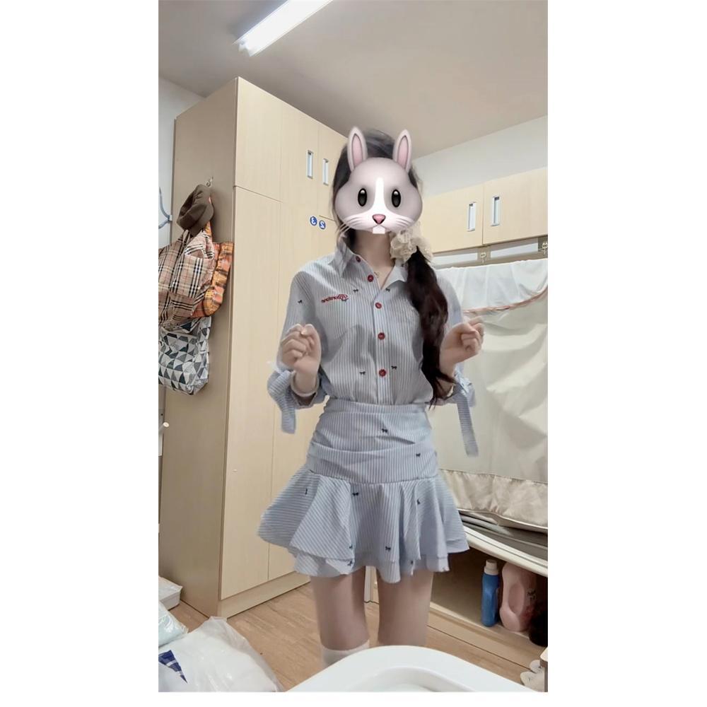 New collegiate style miu blue shirt dress women's early spring temperament casual waist pleated skirt