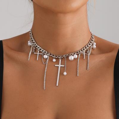 Jewelry Wind Diamond Cross Tassel Imitation Pearl Clavicle Chain Sweet Cool Babe Necklace