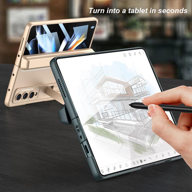 Fold Pen Holder Hinge Case for Samsung Galaxy Z Fold 4 5G Bracket Stand Case Hard PC Cover Glass Film