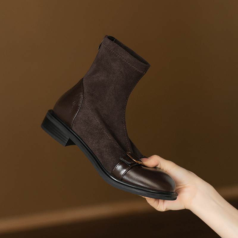 Krazing Po Microfiber Flock Winter Round Toe Size 33 Chelsea Boots Size 43 Zipper Metal Buckle Low Heels Ankle Boots