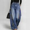 Womens High-Waisted Wide-Leg Denim Pants With Metal Eyelets Relaxed Fit Classic Wash 2026