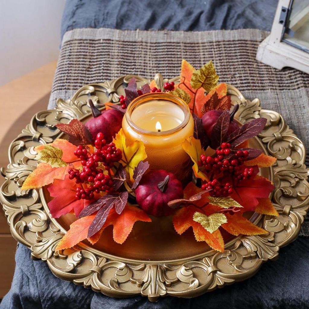Fall Candle Ring for Pillar Artificial Candle Garland Decor Harvest Maple Leaves Pumpkins Berries Garland for Fall Thanksgiving