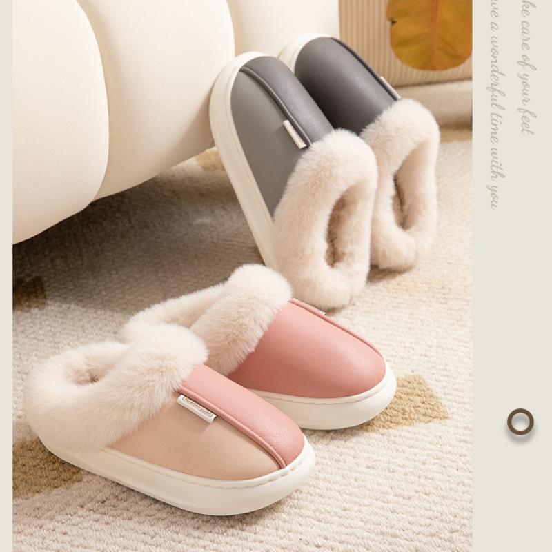 Winter Warme Zuhause Pelz Damen Hausschuhe Luxus Wasserdicht PU Leder Plüsch Paar Baumwollschuhe Indoor Schlafzimmer Flache Absätze Flauschiger Slipper