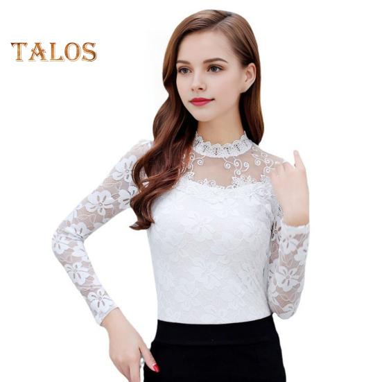 

Женские топы с воротником-стойкой и длинными рукавами с вышивкой, кружевные пуловеры с цветочным узором, однотонные облегающие топы из сетчатой ​​пряжи L белый