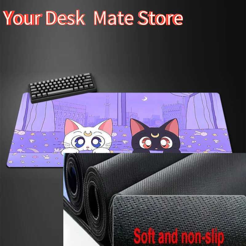 Cute Kawaii White Cat Anime Mouse Pad Large Computer Off Game Table Mats XXL Ruer Anti-slip Gaming Keyboard Long Desk Pads
