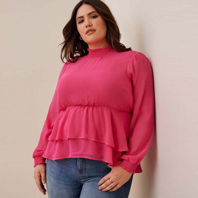 

100.00kg Plus Size Women s Summer Shirt Loose Waist Trimming Ruffles Skirt Long Sleeves Chiffon Tops Shirt Western Style Rose-defective 6