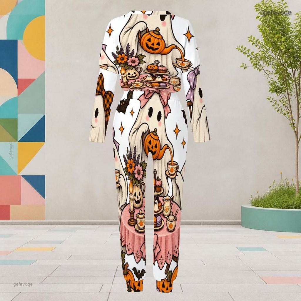Women Plus Size Round Neck Long Sleeve Cartoon Raccoon Printed Cuffed Two Piece Pants Set With Pockets