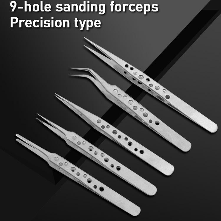 Stainless Steel Bent Tip Sandblasting/Bright Polish Repair Tweezers with Nine-Hole Hard Flat Tip