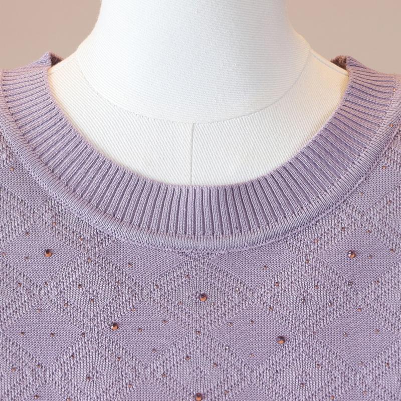 Women Plus Size Round Neck Short Sleeve Knit Sweater Rhinestone Diamond Jacquard Knit Top