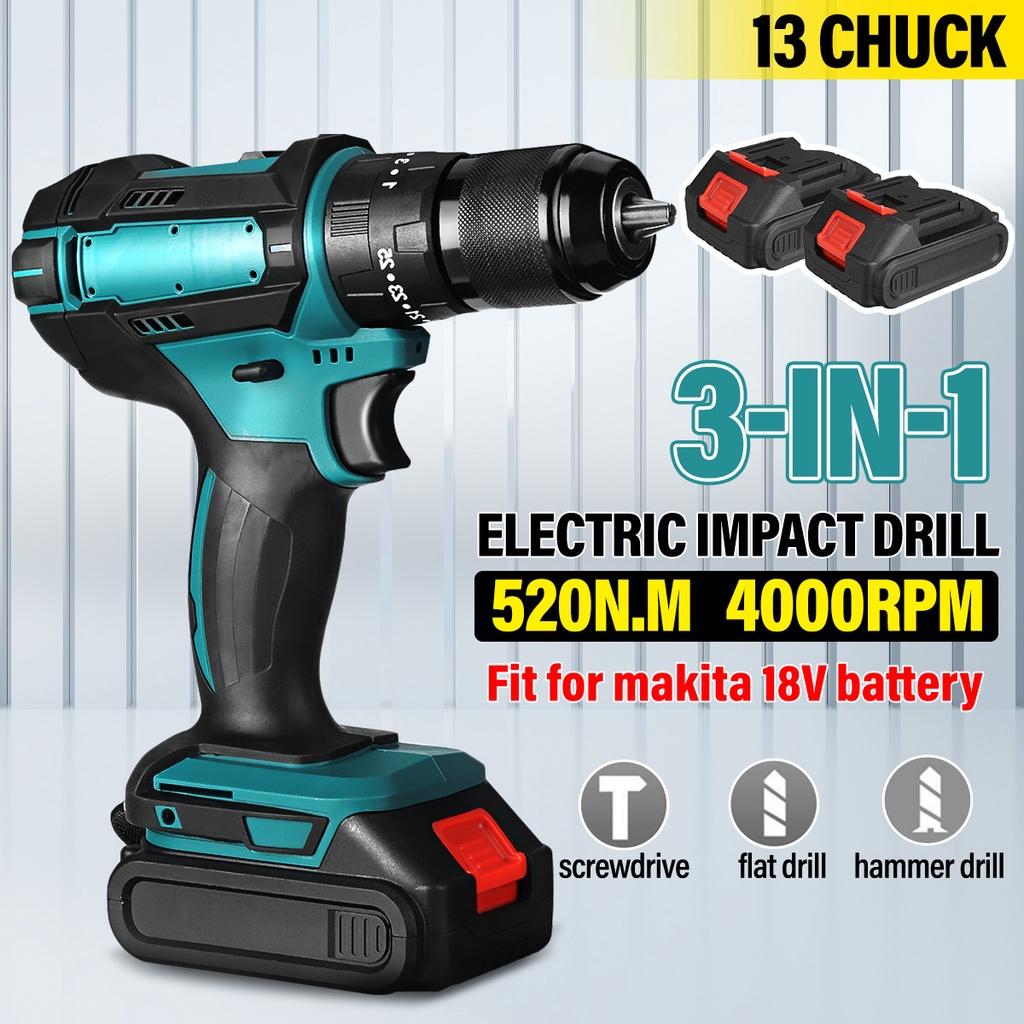 520N.M 13mm 10mm Chuck Torque Electric Drill Flat Hammer Impact Drilling Electric Screwdriver for 18V Battery 3 IN 1