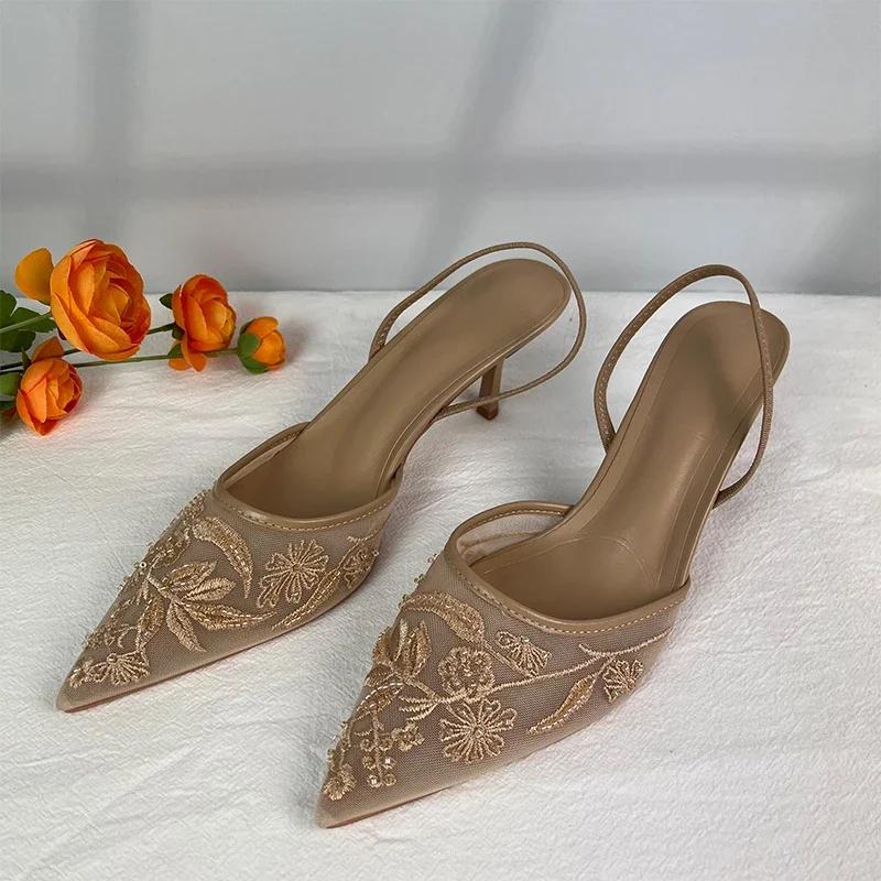 

Fashion 2025 New Women Sandals Brand Designer Ladies Flower Mesh Open Heel Sandals Shoes Sexy High Heel Pointed Toe Stiletto Pumps Mules 41 бежевый