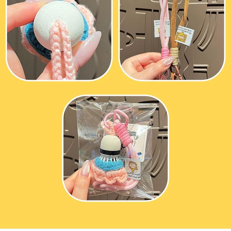 Cute Crochet Badminton Keychain, Handmade Shuttlecock Bag Charm with Braided Rope Clip
