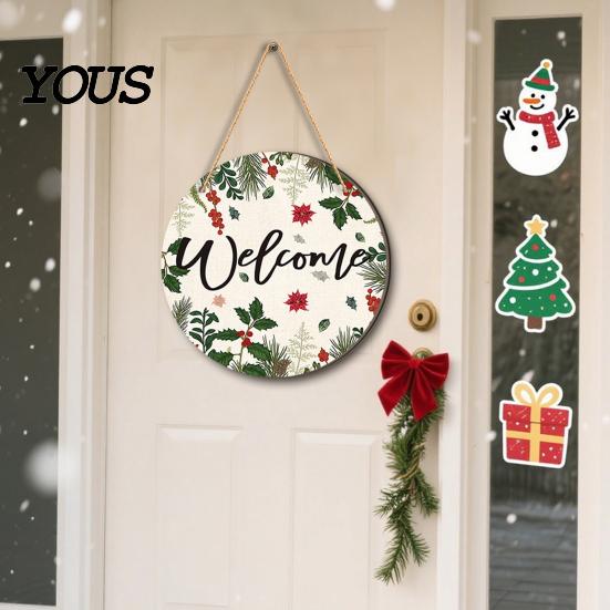 Rustic Christmas Wall Art Hanging Sign, Round Wooden Welcome Cute Dog Gingerbread Retro Holiday Wood Plaque Man Sign for Front Door Porch Decor
