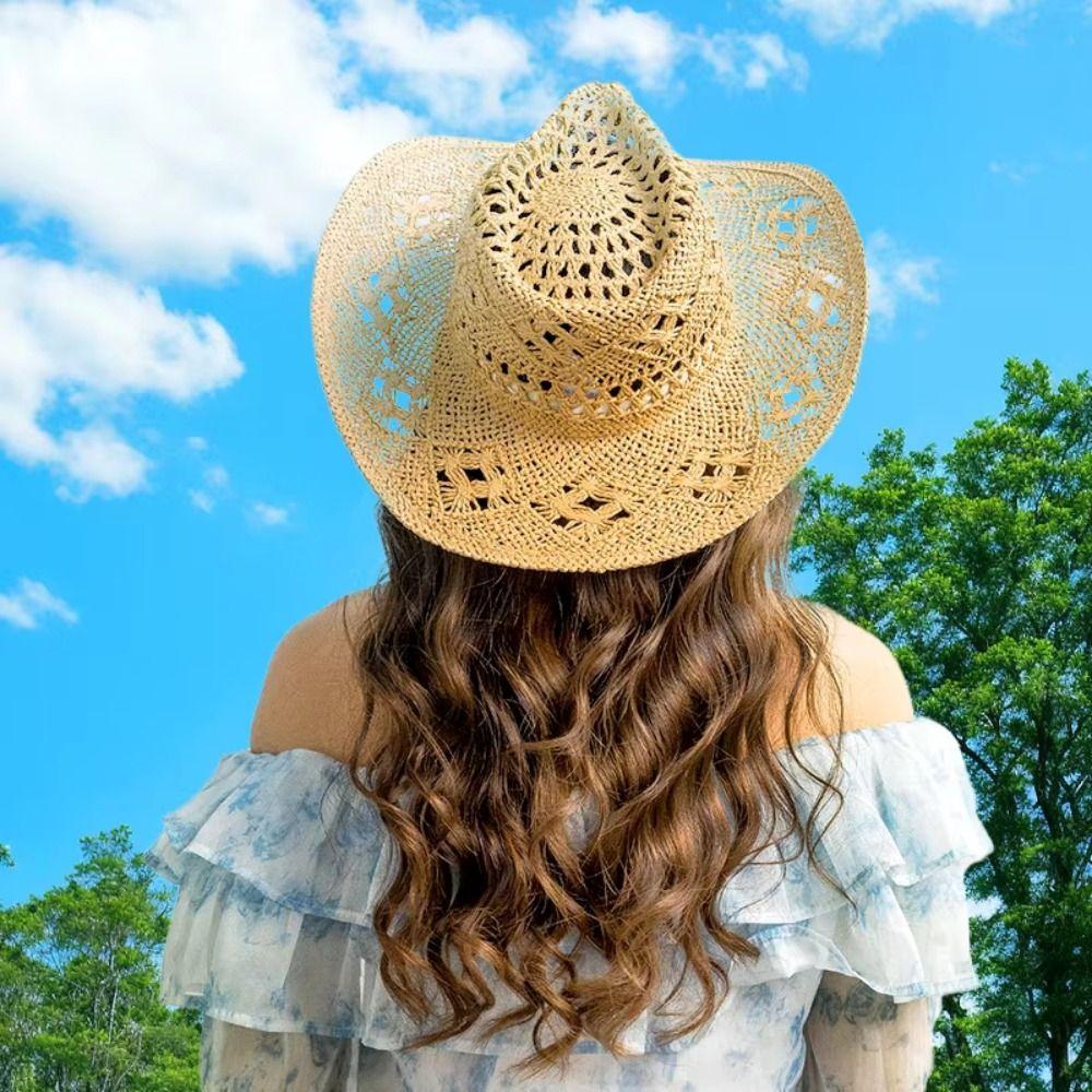 Curled Western Cowboy Cap Woven Sun Hat Vintage Hollow Straw Hat  Women Men