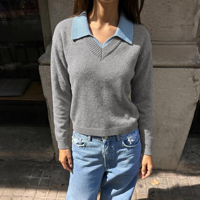 2026 Autumn/Winter Color Block Two-Piece Style Knit Sweater with Lapel and Long Sleeves