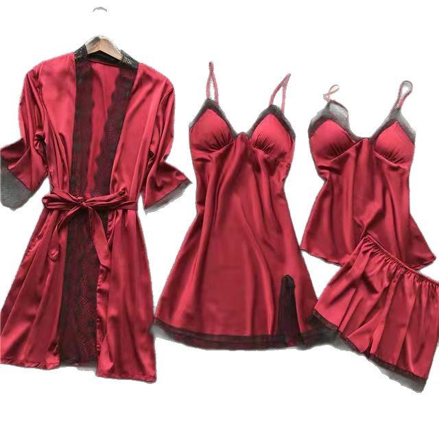 Plus Size Women's Summer Lace Pajama Set with Bra Pads - 4-Piece
