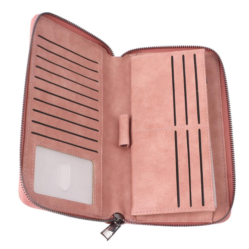 Long Women Wallet NFC RFID Blocking Purse PU Leather Credit Card Holder with Carrying Strap Pink