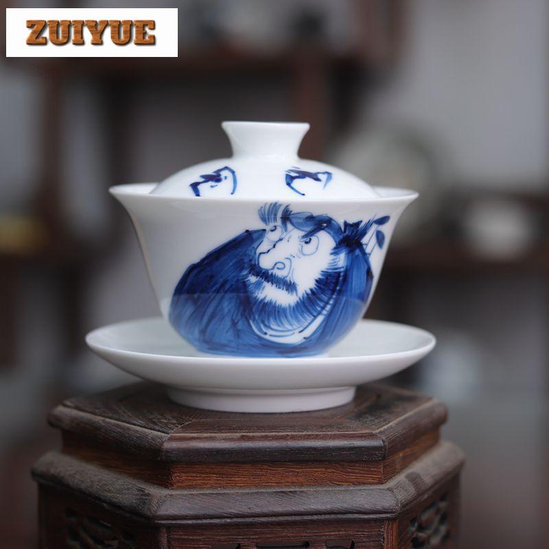 170ml Blau-Weiß Porzellan Figurenmalkunst Gaiwan Antike Teeschale Teeschale mit Deckel Set Teezubereitung Abdeckschale Teegeschirr Cha