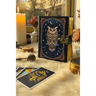 Eulen Grimoire Journal – Leeres Buch der Schatten | Leder Zauberbuch der Weisheit | Handgemachtes Hexen Skizzenbuch Mond Magie Tarot Notizbuch