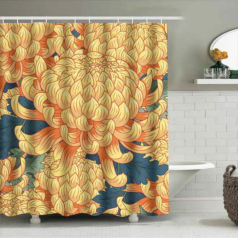 Vintage Chrysanthemen Duschvorhang Wasserdicht Heimdeko Badezimmerdekoration Wandbehang Blumendesign Badematte