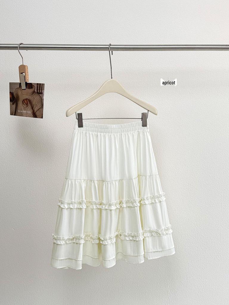 Korean Style A-Line Midi Skirt: Layered Wood Ear Edge, High-Waisted, White Princess Design for Petite Figures - Spring/Summer Fashion
