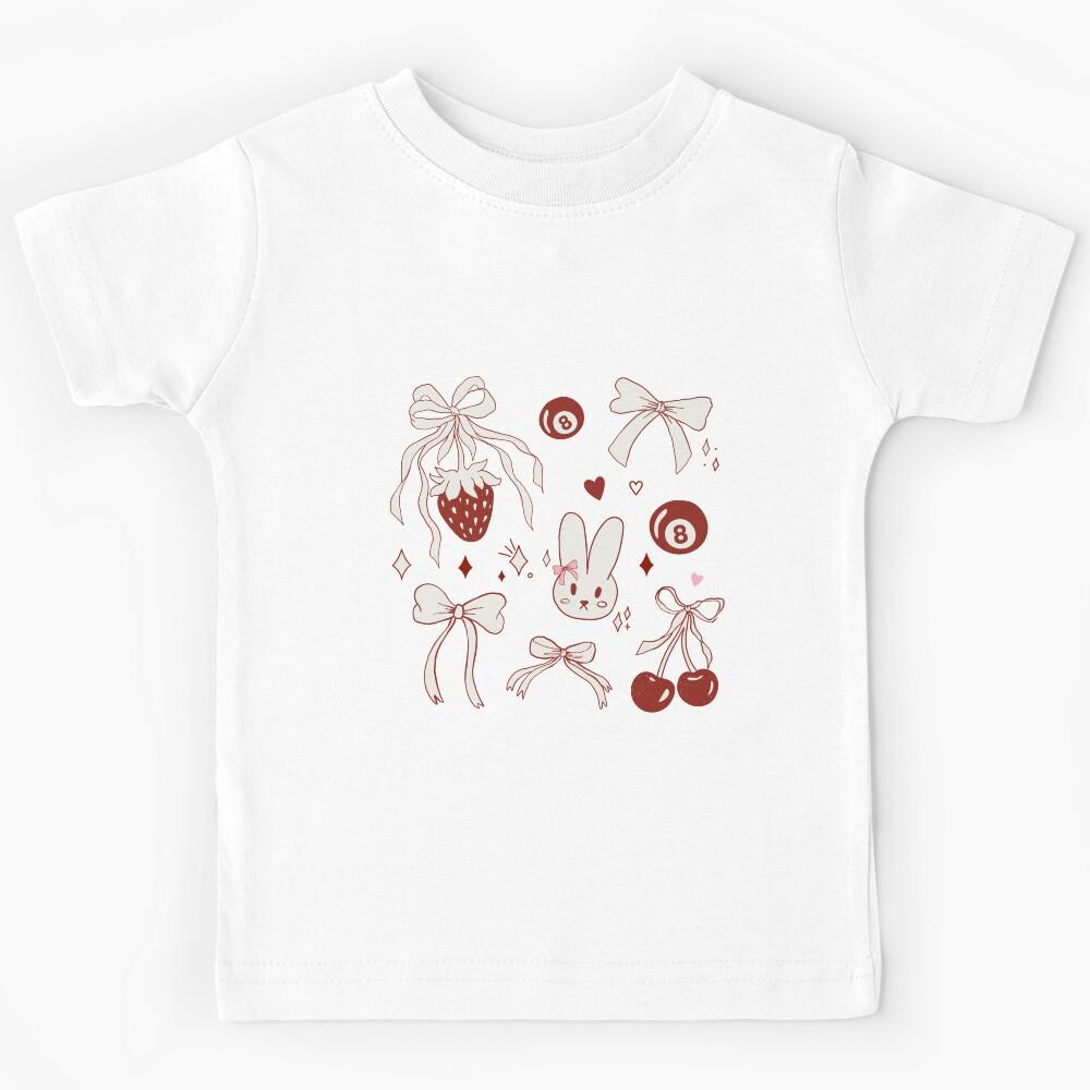 Coquette Aesthetic. Bunny with bow, ribbons, bows, cherry with bow, strawberry. Kids T-Shirt 140