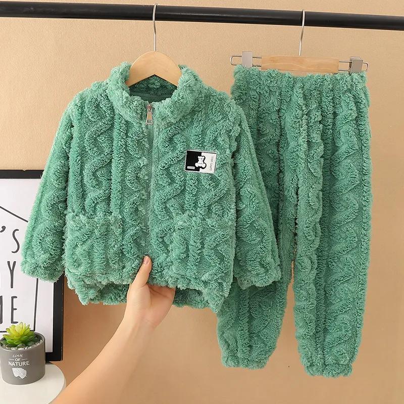 Kinder Dickes Fleece Hausanzug Set für Herbst/Winter Langarm Reißverschluss Oberteil + Hose Weiches Lässiges Zweiteiler Set