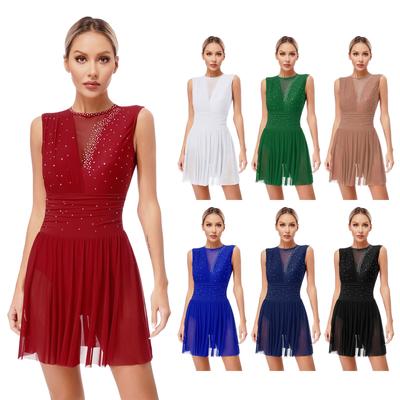 Costume da spettacolo di pattinaggio di figura da donna, abiti da ballo lirico, abito senza maniche con ritaglio sul retro, strass scintillanti