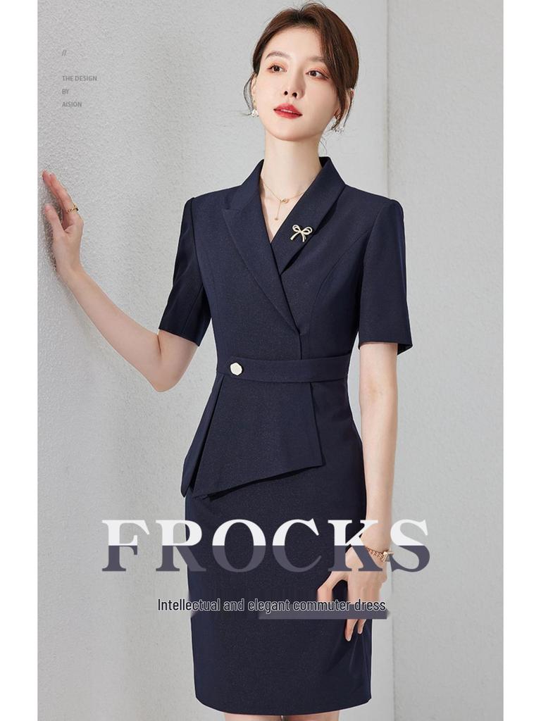 Navy Blue Short Sleeve Slimming Work Dress for Women