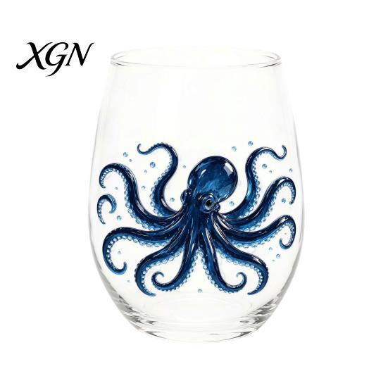 Personalized Daily Use Glassware Stemless Wine Glasses with Marine Animal Pattern, 420ml Capacity, High Borosilicate Halloween Themed Drinking