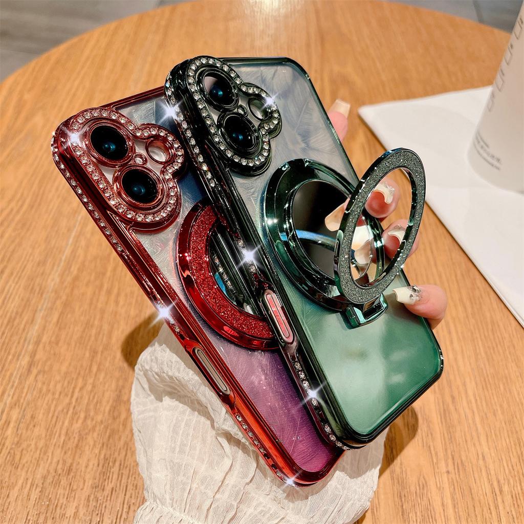 Applicable To IPhone16promax Rhinestone Mirror Magnetic Suction Bracket Mobile Phone Case Apple 13/14/15 Protective Case