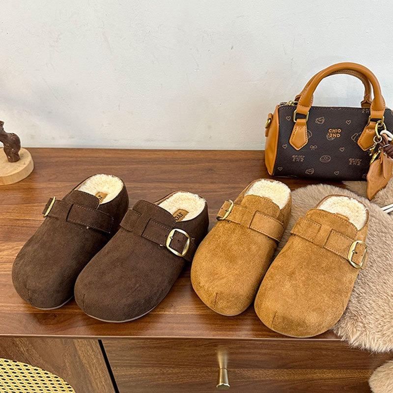 Leather thick-soled bag head slippers for women to wear autumn new retro one-pedal fluffy cotton slippers