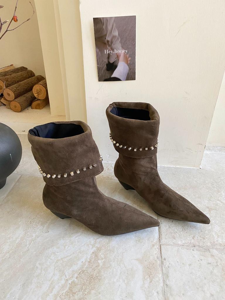 French pointed rivet suede medium tube stacking boots women's 2025 autumn and winter wood grain cone and rhinestone two wear medium tube boots
