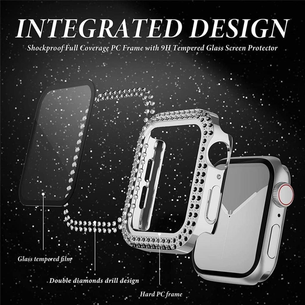 Glass+Cover For Apple Watch Case 45mm 44mm 41mm 40mm 46mm 42mm Bling Diamond bumper+Screen Protector Series 11 10 9 8 7 5 6 4 SE