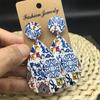 Vintage Painted Big Wooden Earrings Ethnic Exaggerated Pattern Geometric Statement Drop Earrings Vacation Party Jewelry