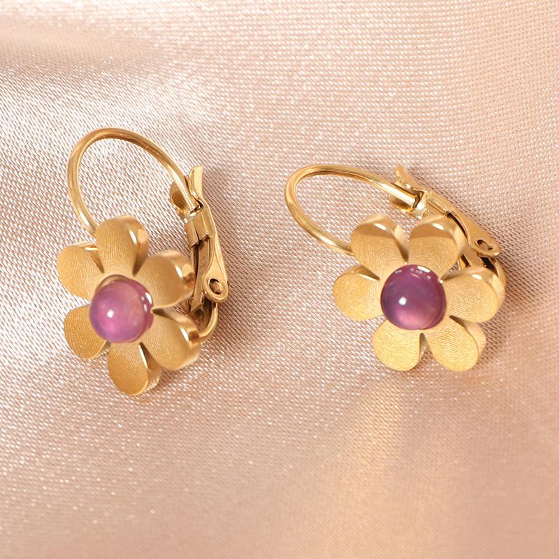 Nové zlaté náušnice z nerezové oceli s květinovým motivem, pozlacené, pro ženy, vykládané přírodním kamenem ametystem, malé náušnice