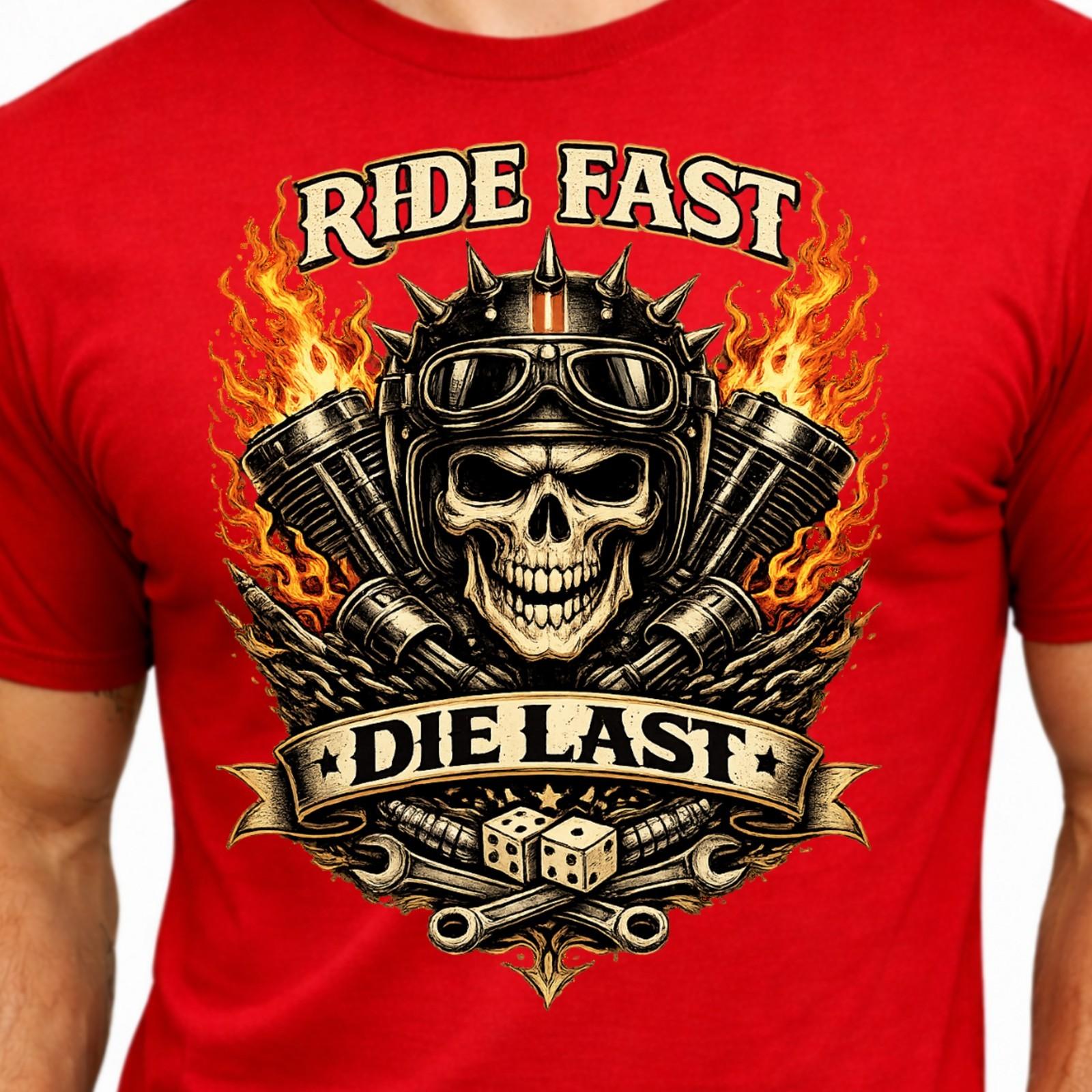 Ride Fast Die Last Skull Biker Flaming Engine Vintage Motorcycle Graphic T-Shirt M