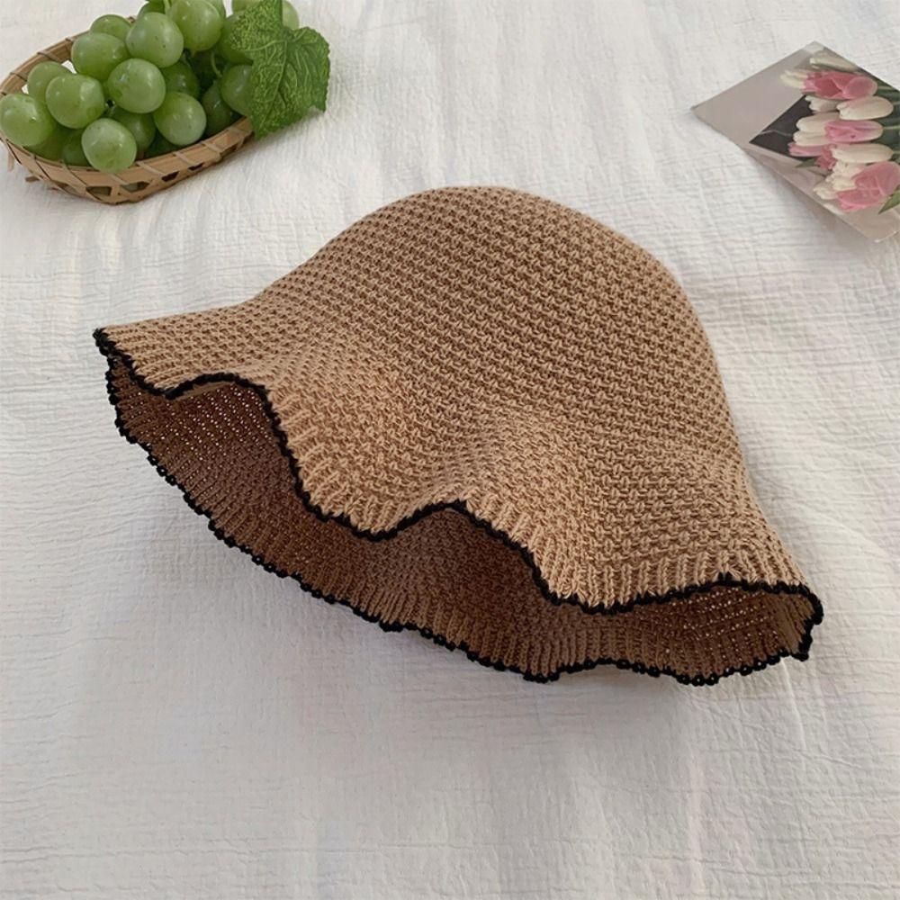 French Style Knitted Bucket Hat Sweet Seaside Beach Cap Elegant Straw Sun Hat  Outdoor