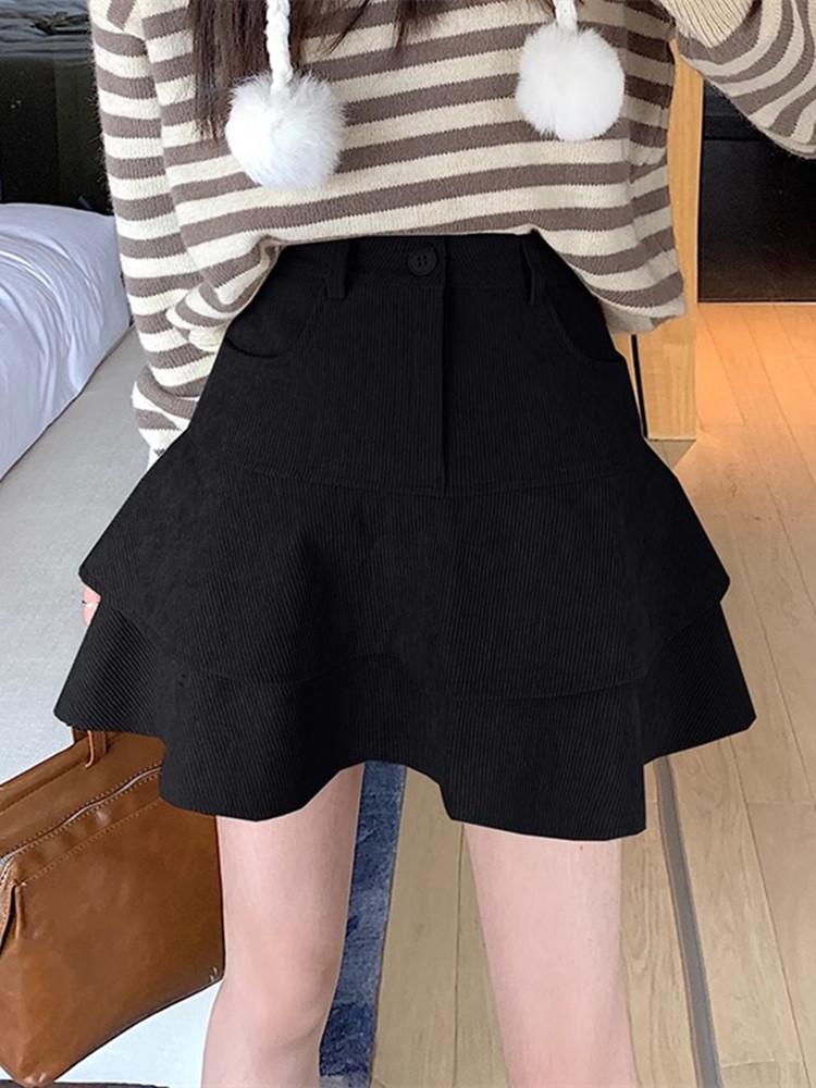Women's Coffee Corduroy Pleated High-Waisted A-Line Skirt - Hip-Hugging Fluffy Short Skirt for Fall/Winter