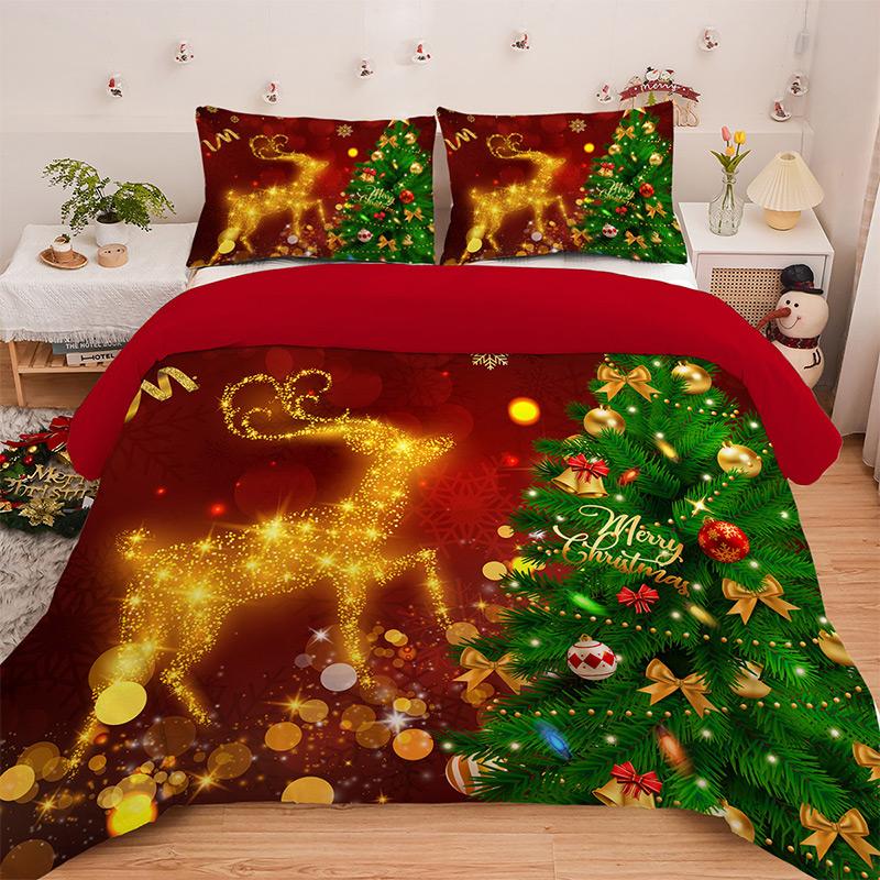 3PC Cartoon Christmas Duvet Cover Kawaii Elk Interesting Old Man Bedding Set (1Duvet Cover &2Pillowcases) No Filler/core
