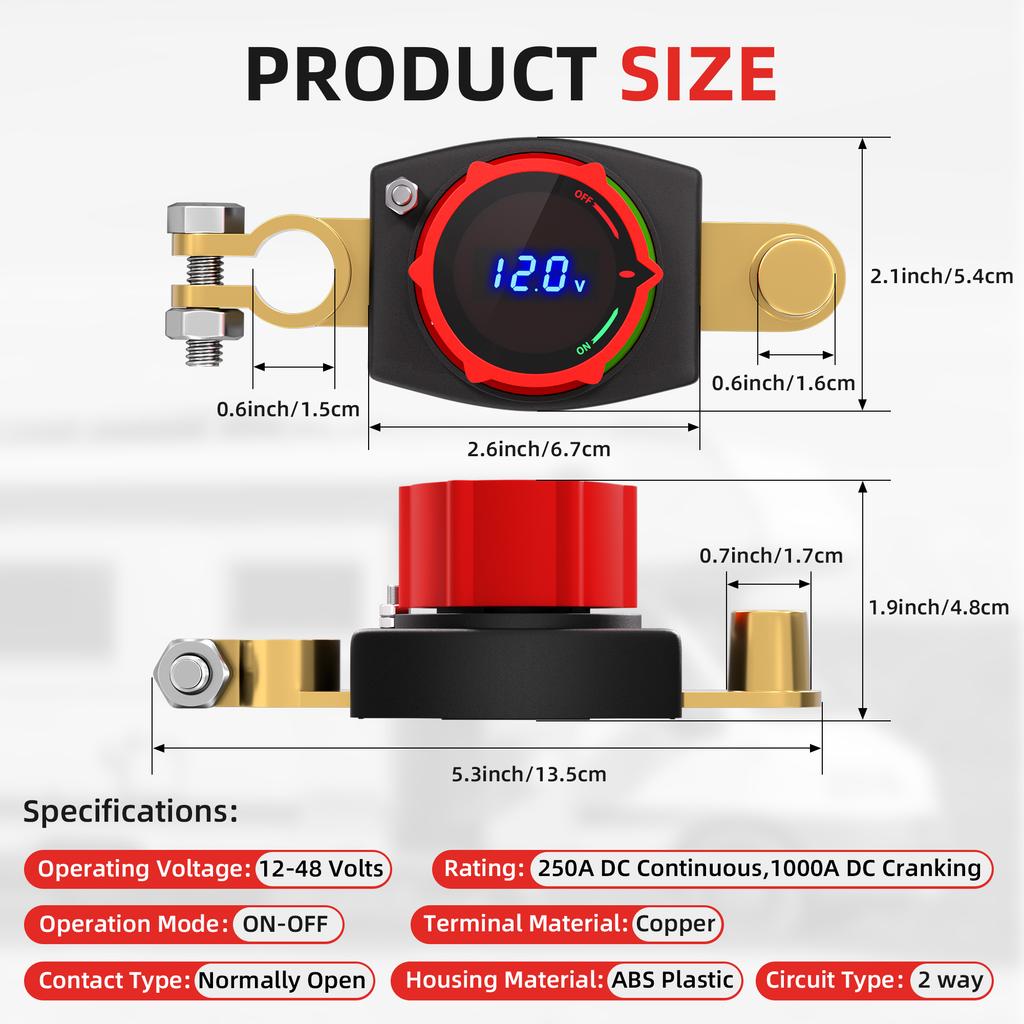Top Post Battery Disconnect Switch 12V-48V with LED Voltmeter DC 5-60V Battery Kill Switch On/Off Battery Cut Off Switch For Car