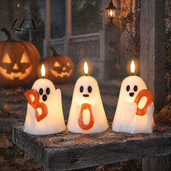 Safe Decorative Night Lights Halloween Ghost Flameless Candle, Cute Holding BOO Letter Tealight, Battery Operated Candles LED Flickering Light